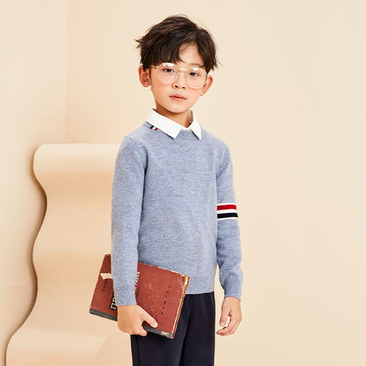 mettekids儿童羊绒衫春秋新款拼接打底毛衣男童针织衫圆领套头衫 商品图0