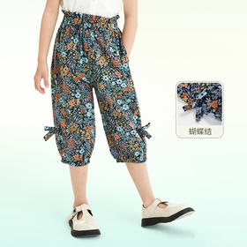 mettekids儿童裤子2022女童裤子夏季蝴蝶结灯笼裤洋气女孩七分裤