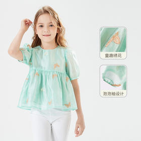 mettekids儿童T恤童装夏季新款洋气时髦泡泡袖网纱女童夏装上衣