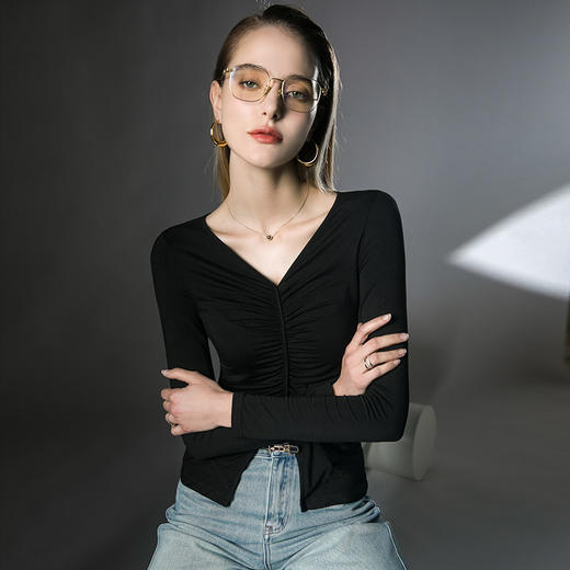 V领内搭打底衫，褶皱洋气欧货小衫长袖FN23TX205 商品图6