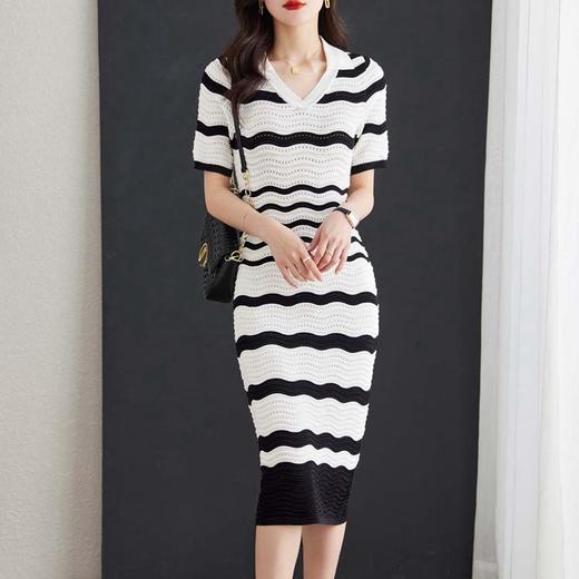显瘦短袖Polo领，收腰包臀中长裙黑白条纹针织连衣裙CC-16-6677 商品图0