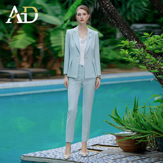 AD教师职业装女套装2023春季新款韩版修身小西服外套水蓝色正装裤 商品图2