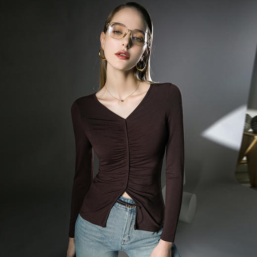 V领内搭打底衫，褶皱洋气欧货小衫长袖FN23TX205 商品图3