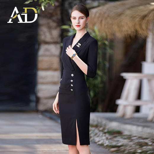 黑色连衣裙女总裁范气质西服裙褶皱显瘦包臀开叉裙子中袖工作服 商品图1