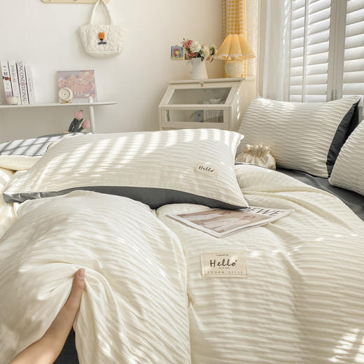 INS泡泡纱床单四件套批发水洗棉被套纯色被罩床上三件套床笠 心选到家 商品图2