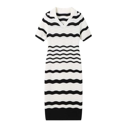 显瘦短袖Polo领，收腰包臀中长裙黑白条纹针织连衣裙CC-16-6677 商品图4