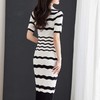 显瘦短袖Polo领，收腰包臀中长裙黑白条纹针织连衣裙CC-16-6677 商品缩略图2