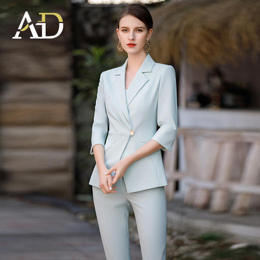春季浅绿色播音艺考服装女主持人正装套装职业装气质女神范西服 商品图1