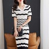 显瘦短袖Polo领，收腰包臀中长裙黑白条纹针织连衣裙CC-16-6677 商品缩略图1