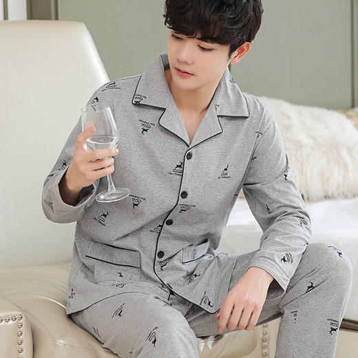 睡衣男秋冬季男士100%纯棉长袖春秋开衫5XL大码宽松家居服套装爸 商品图4