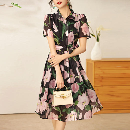 惊艳优雅，印花收腰连衣裙A字衬衫裙感名媛气质时尚WLZD-2302106 商品图0