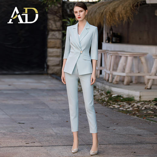春季浅绿色播音艺考服装女主持人正装套装职业装气质女神范西服 商品图0