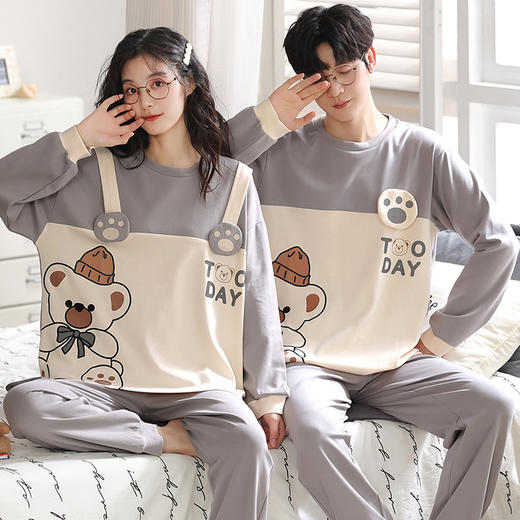 【100%棉】情侣睡衣春秋季纯棉卡通休闲长袖家居服男女套装可外穿 商品图0