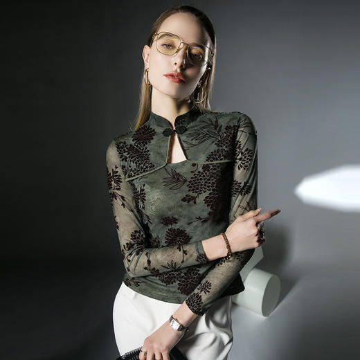 气质上衣盘扣中式复古，网纱植绒打底衫FN23TX201 商品图2