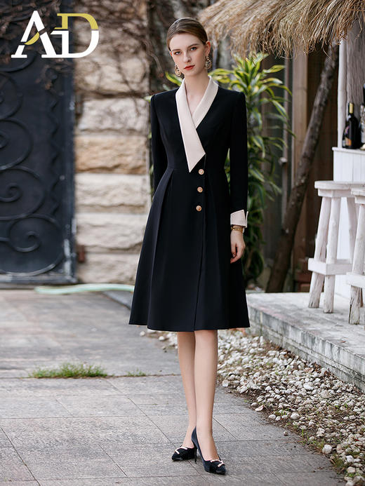 高级感缎面领西装连衣裙女气质职业裙子收腰大摆接拼黑色西服裙 商品图0