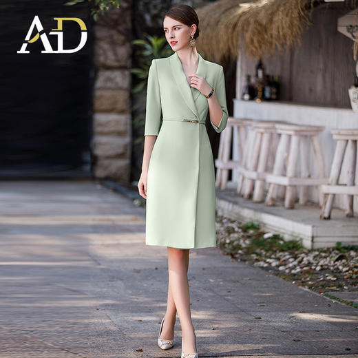 送腰带！春夏浅绿色连衣裙女气质时尚青果领西服裙子OL通勤淑女风职业装 商品图2