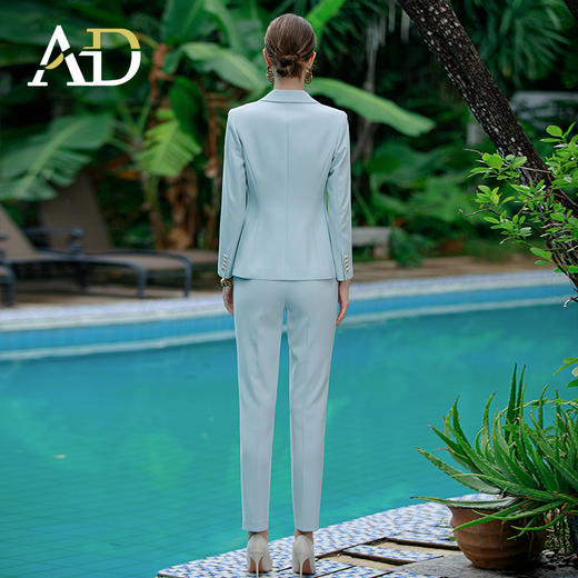 AD教师职业装女套装2023春季新款韩版修身小西服外套水蓝色正装裤 商品图4
