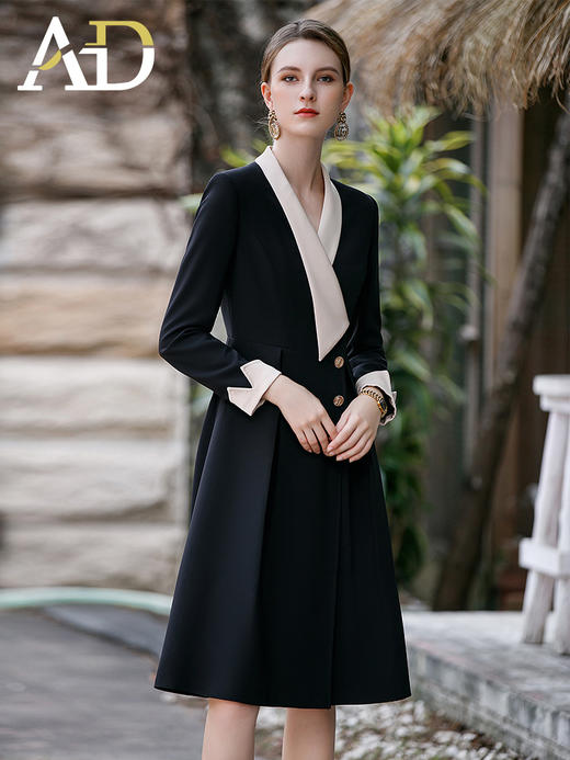 高级感缎面领西装连衣裙女气质职业裙子收腰大摆接拼黑色西服裙 商品图2