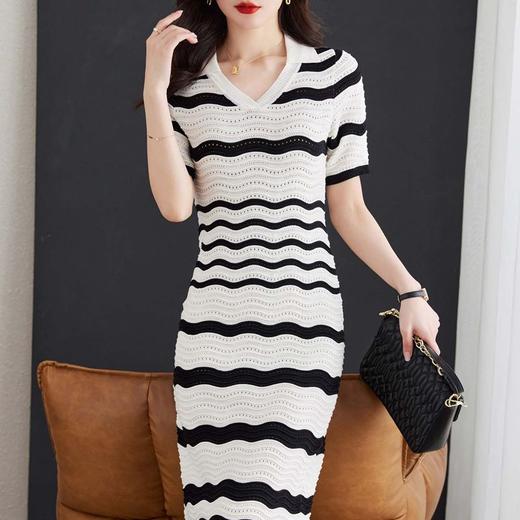 显瘦短袖Polo领，收腰包臀中长裙黑白条纹针织连衣裙CC-16-6677 商品图3