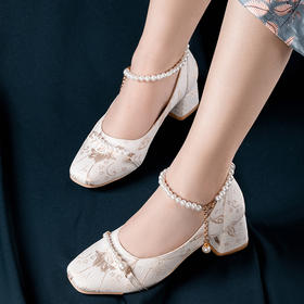 【羽裳】绣花高跟鞋，中跟旗袍半包头凉鞋单鞋