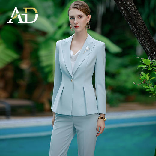 AD教师职业装女套装2023春季新款韩版修身小西服外套水蓝色正装裤 商品图3