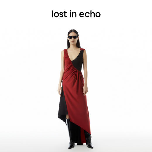 lost in echo设计师品牌不对称抽褶针织无袖显瘦气质连衣裙 商品图0