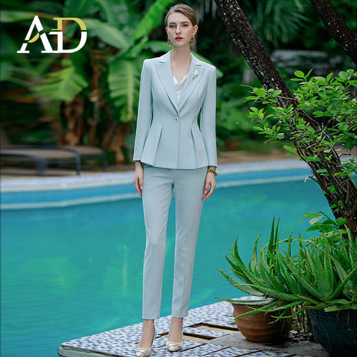 AD教师职业装女套装2023春季新款韩版修身小西服外套水蓝色正装裤 商品图0