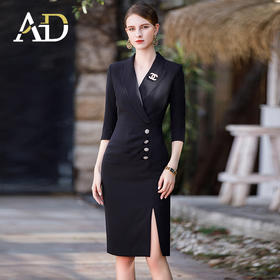 黑色连衣裙女总裁范气质西服裙褶皱显瘦包臀开叉裙子中袖工作服
