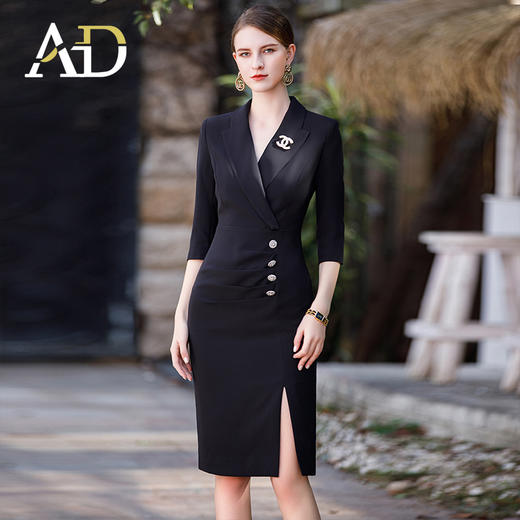 黑色连衣裙女总裁范气质西服裙褶皱显瘦包臀开叉裙子中袖工作服 商品图0