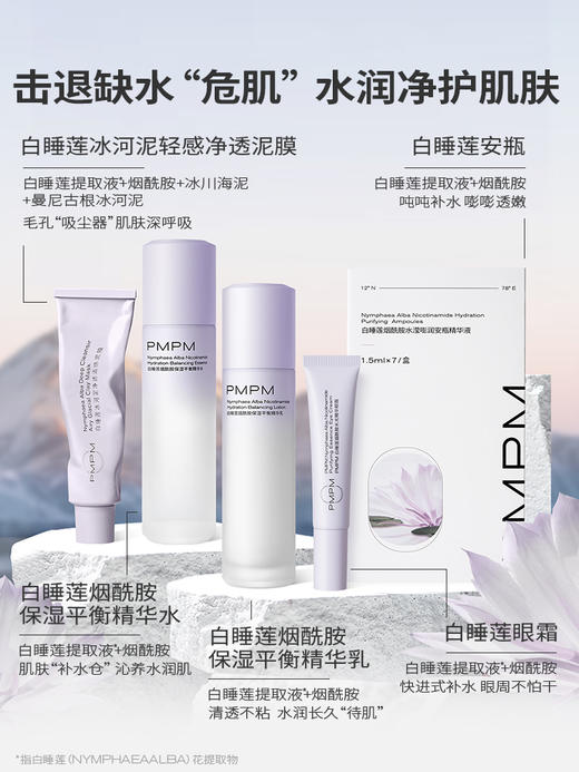 【实力保湿】PMPM白睡莲烟酰胺保湿平衡精华水乳套装锁水干皮沙漠皮100ml新 商品图5