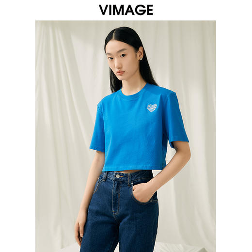 VIMAGE纬漫纪夏季新款时尚百搭打底舒适圆领印花短款T恤女V1902502 商品图8