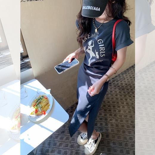 连衣裙2023新款女韩系别致小众设计感印花包臀短袖t恤长裙 商品图0