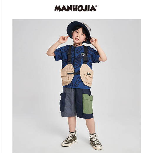 漫画家潮童装男童裤子山系户外工装口袋活力不对称拼接儿童中裤 商品图1