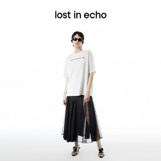 lost in echo设计师品牌简约百搭宽松圆领网纱蕾丝拼接设计T恤女 商品图3