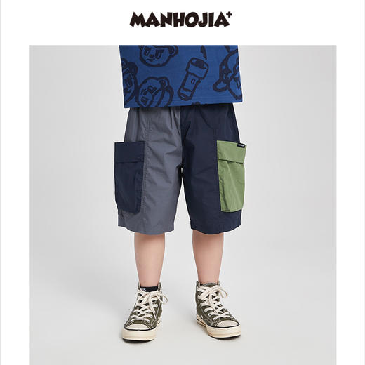 漫画家潮童装男童裤子山系户外工装口袋活力不对称拼接儿童中裤 商品图0