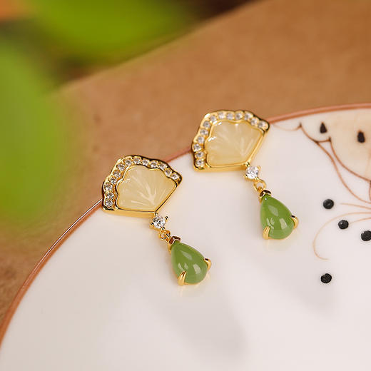 S925纯银镀金，和田玉碧玉复古贝壳水滴耳钉气质百搭耳坠耳饰CW-241 商品图1