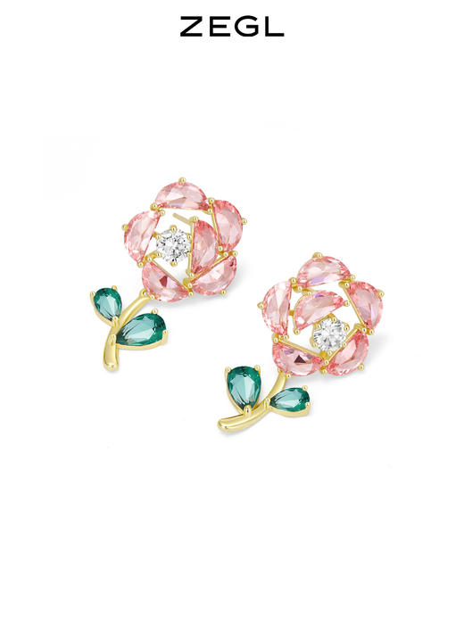 ZEGL粉色玫瑰花耳环女小众设计感高级森系耳钉925银针春夏耳饰品 商品图0