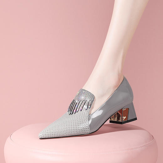 法式粗跟流苏单鞋，通勤拼色中高跟鞋YSML-A056-K733 商品图4