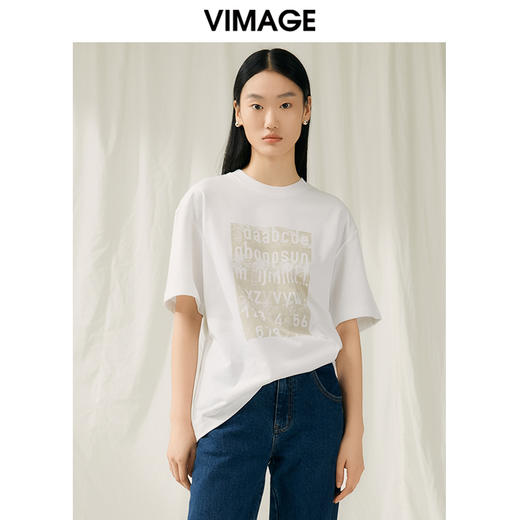 VIMAGE纬漫纪夏季新款时尚百搭打底舒适圆领印花T恤女V1902505 商品图0