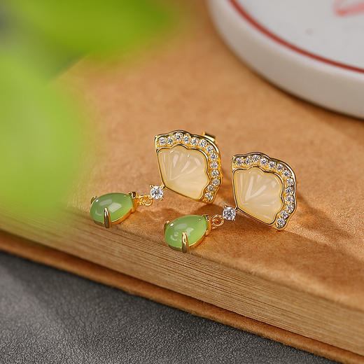 S925纯银镀金，和田玉碧玉复古贝壳水滴耳钉气质百搭耳坠耳饰CW-241 商品图2