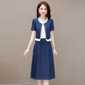 牛仔连衣裙两件套，夏装新款短袖小外套+高腰半身裙套装QYM-XY-23AD05-Y