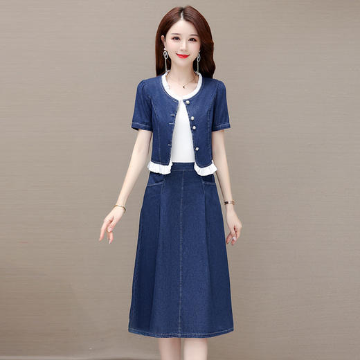 牛仔连衣裙两件套，夏装新款短袖小外套+高腰半身裙套装QYM-XY-23AD05-Y 商品图0