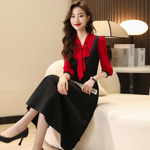 大码女装新款时尚拼接中长款假两件收腰显瘦蝴蝶结连衣裙 商品图0