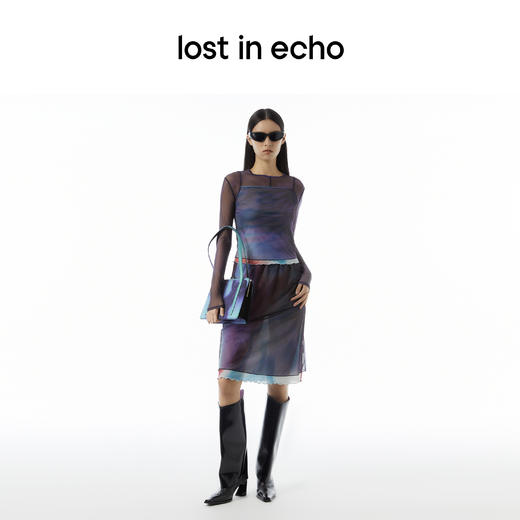 lost in echo 设计师品牌扎染印花网纱打底上衣双层透视吊带背心半裙套装 商品图3