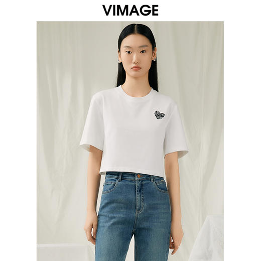 VIMAGE纬漫纪夏季新款时尚百搭打底舒适圆领印花短款T恤女V1902502 商品图4