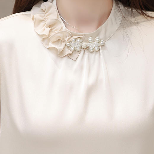 短款木耳边圆领通勤修身时尚简约气质雪纺衫QYM- 商品图3