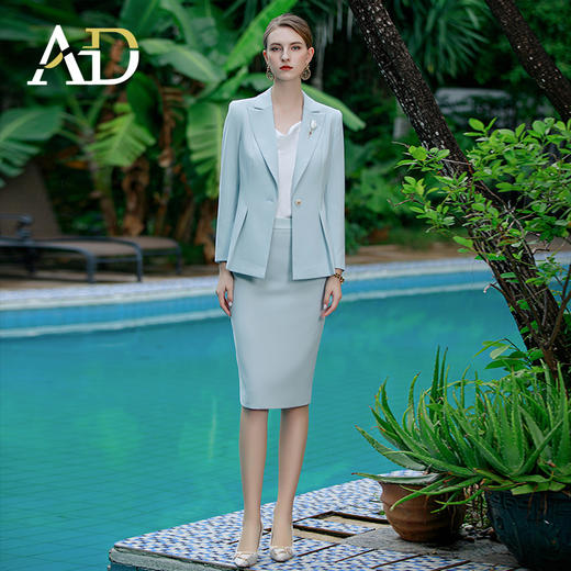 AD教师职业装女套装2023春季新款韩版修身小西服外套水蓝色正装裤 商品图5