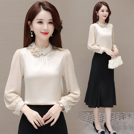 短款木耳边圆领通勤修身时尚简约气质雪纺衫QYM- 商品图1