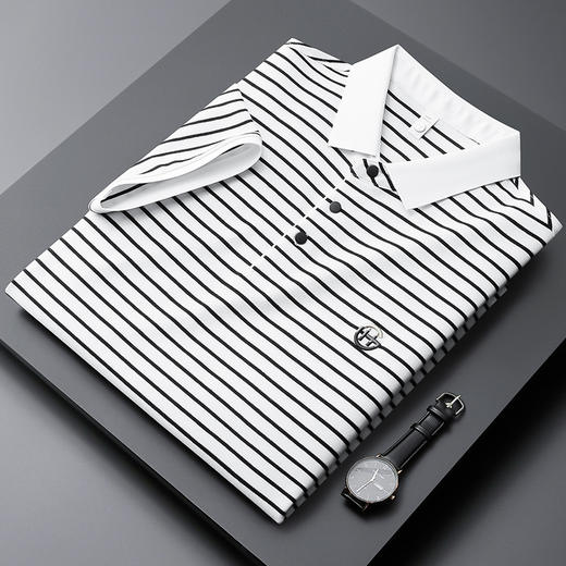 「四款配色！珠地网眼面料」夏季刺绣条纹短袖polo衫 男修身潮休闲商务翻领t恤保罗衫上衣 商品图1