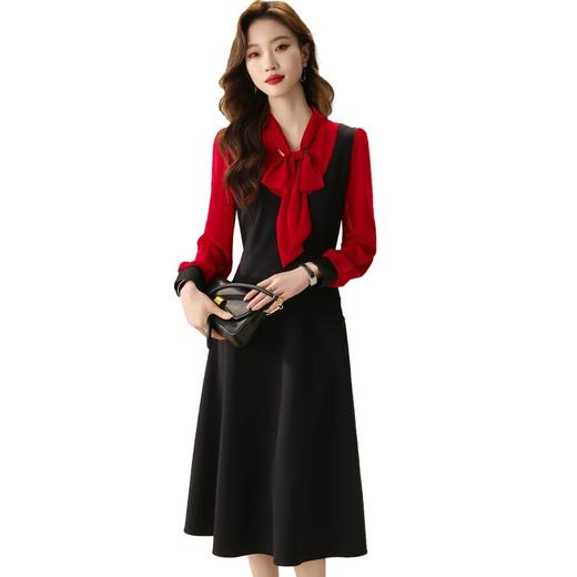 大码女装新款时尚拼接中长款假两件收腰显瘦蝴蝶结连衣裙 商品图4